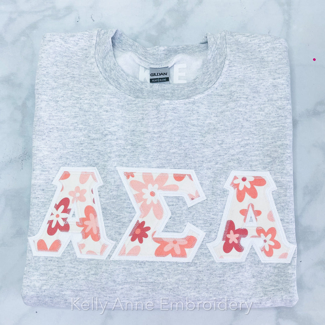 70s Retro Florals in Pink Greek Letters with White Border on Ash Sweatshirt