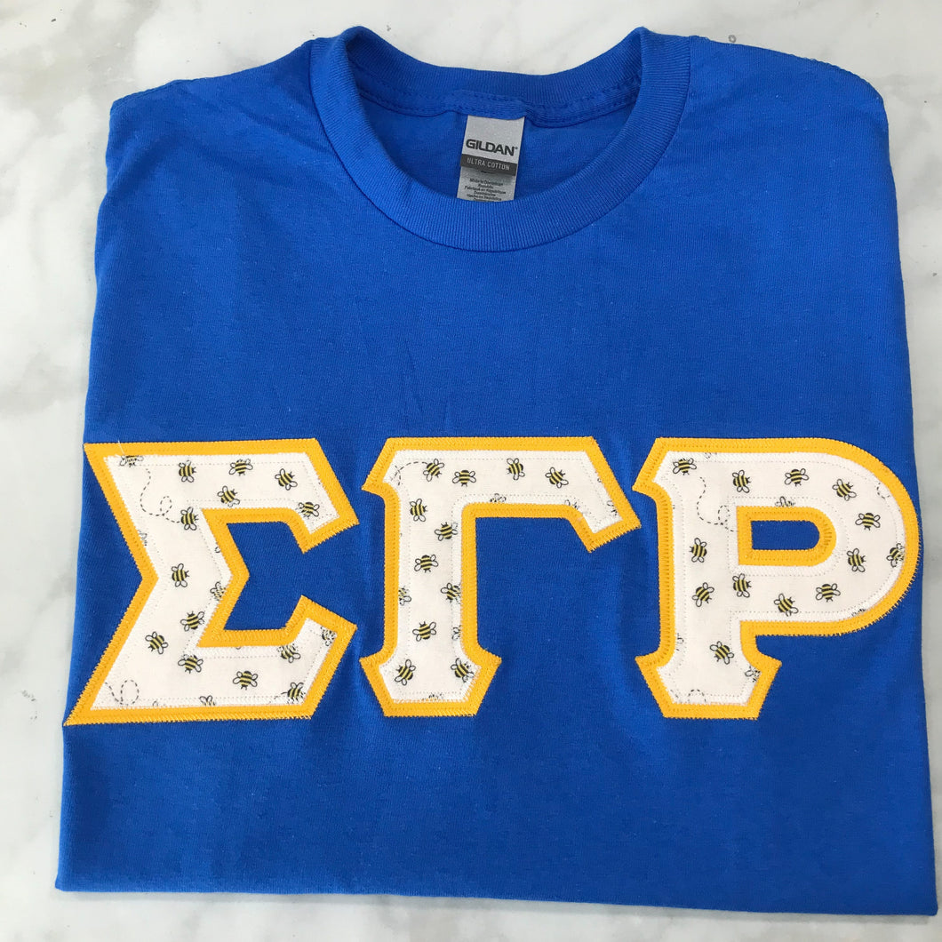 Bees All Over Greek Letters with Light Gold Border on Royal T-Shirt
