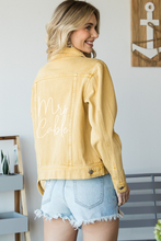 Load image into Gallery viewer, Custom Bridal Embroidered Mustard Cropped Denim Jacket
