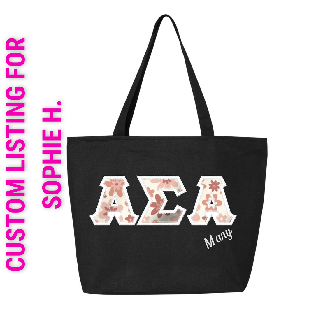 Custom Black Tote For Sophie H. (ΑΣΑ Retro Floral Pink Letters w/White Border ADD: Mary Embroidery in White)