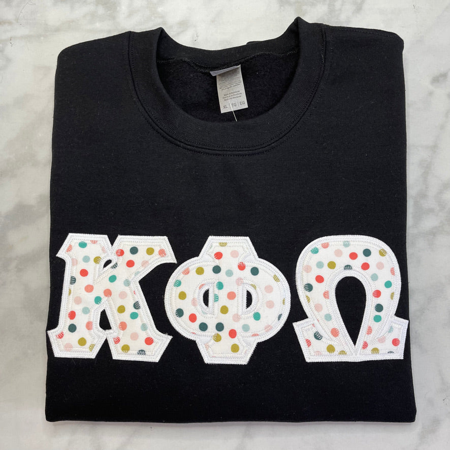 Bubble Gum Drops Greek Letters with White border on BLACK Sweatshirt