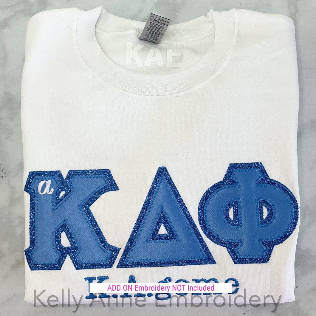 Columbia Blue Greek Letters with Royal Glitter on White Sweatshirt