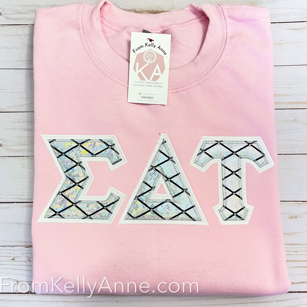 ARGYLE HOLOGRAPHIC Greek Letters with WHITE border on LIGHT PINK Sweatshirt