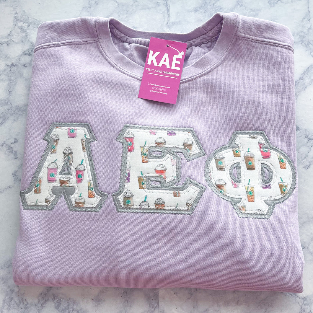 COFFEE CUP PARTY Greek Letters with GREY border on ORCHID Sweatshirt